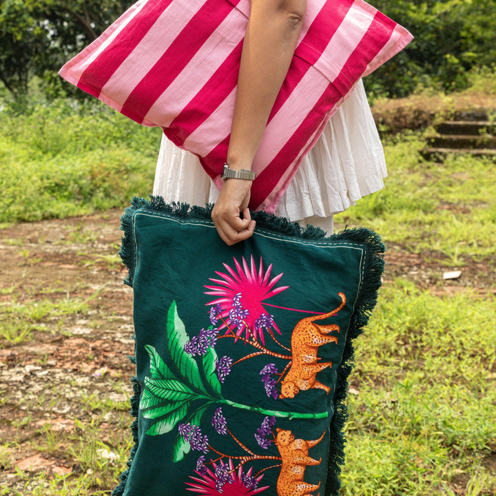 Green Tropicasa Haven Cushion Cover with Tassels-Cushion Covers-House of Ekam