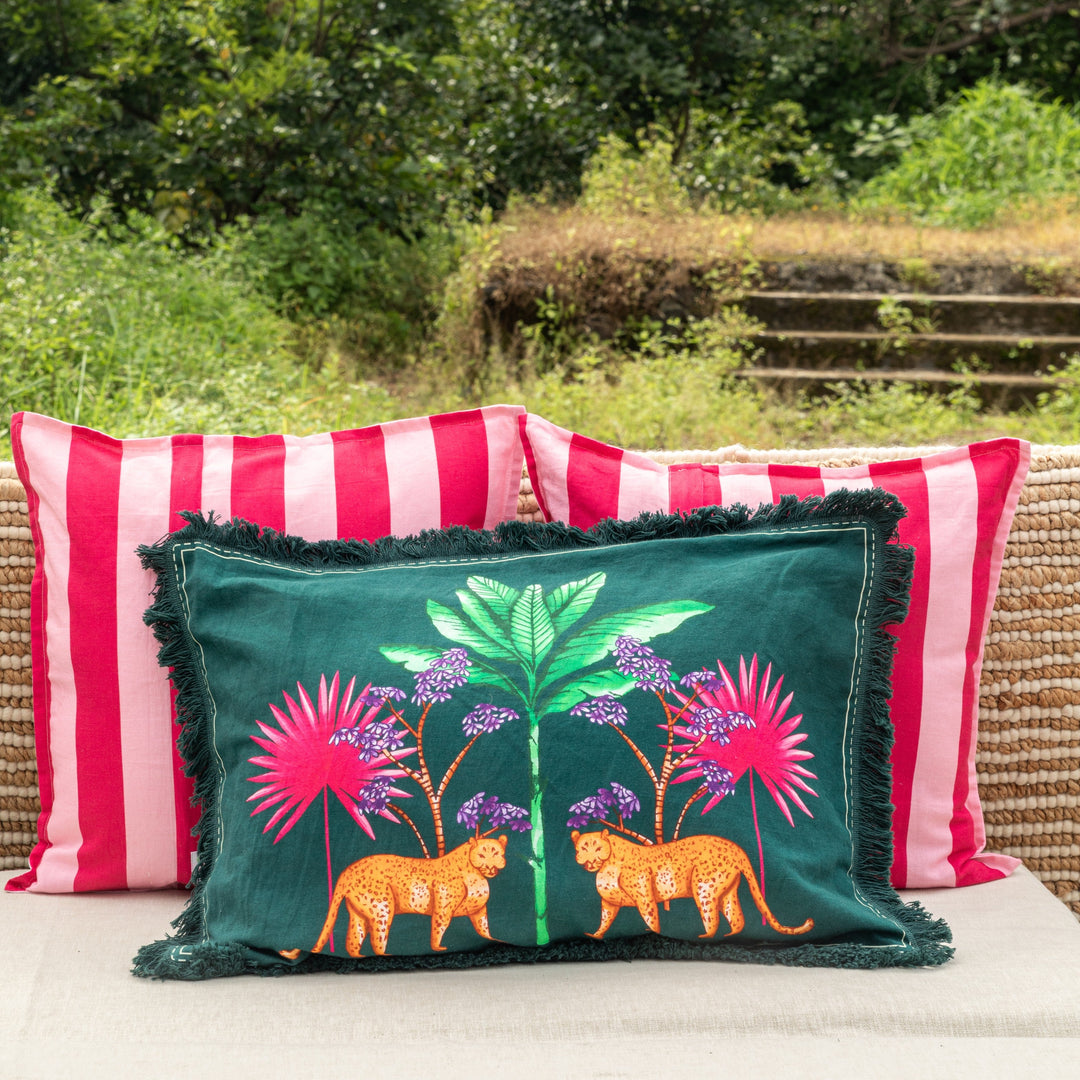 Green Tropicasa Haven Cushion Cover with Tassels-Cushion Covers-House of Ekam