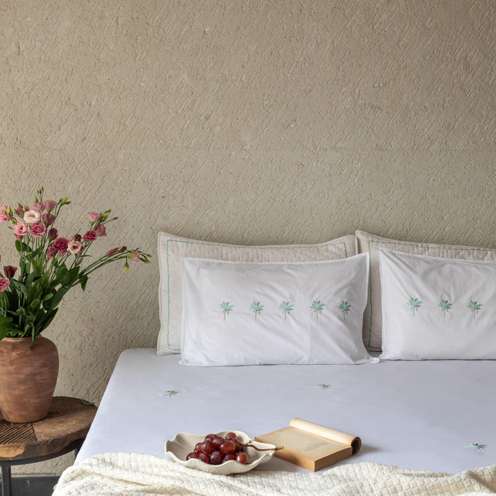 Green &amp; White Tropicasa Embroidered Double Bedsheet With Pillow Cover-Bedsheets-House of Ekam