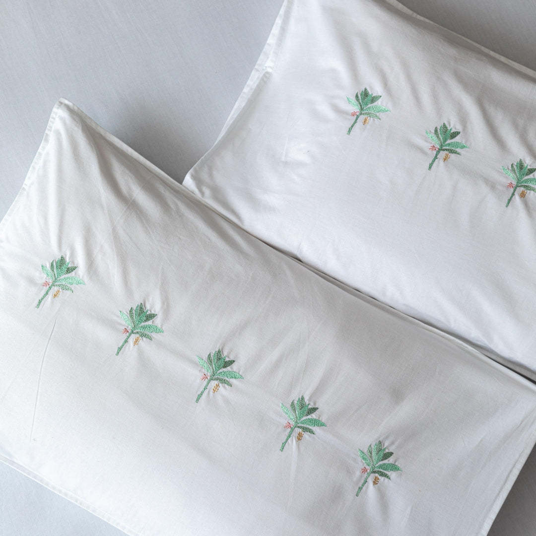 Green &amp; White Tropicasa Embroidered Double Bedsheet With Pillow Cover-Bedsheets-House of Ekam