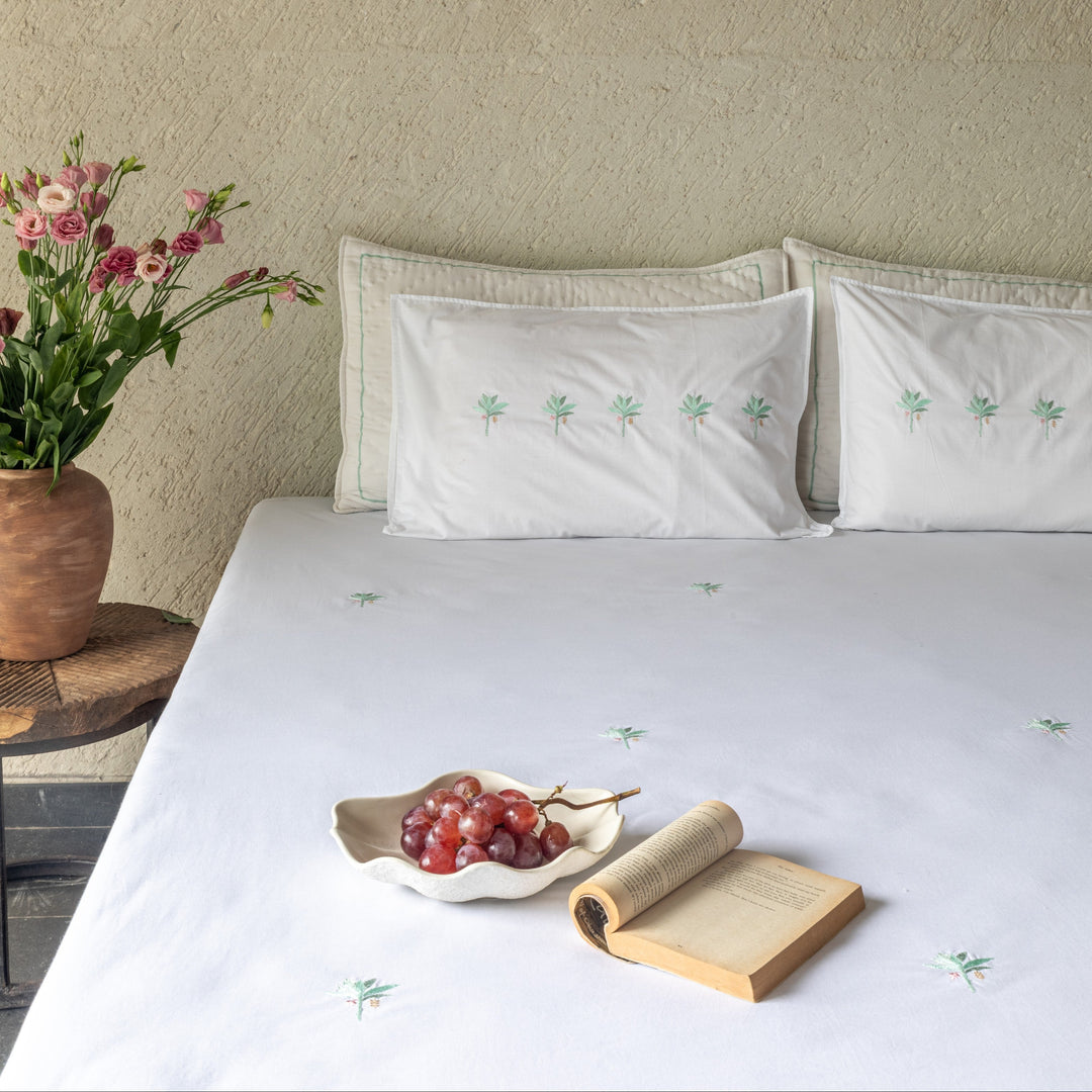 Green &amp; White Tropicasa Embroidered Double Bedsheet With Pillow Cover-Bedsheets-House of Ekam
