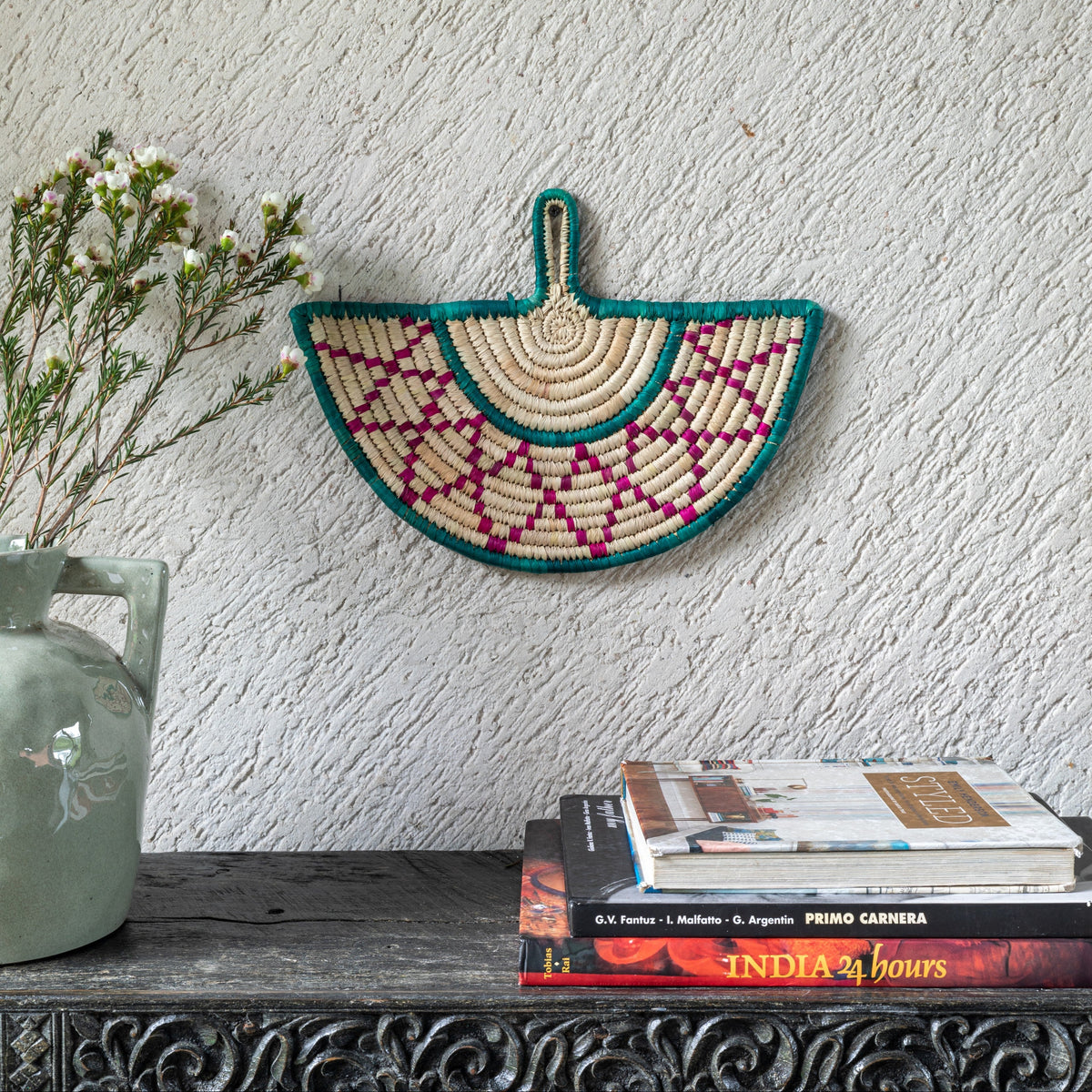 Green and Pink Prism Handwoven Sabai Grass Fan-Sabai baskets-House of Ekam
