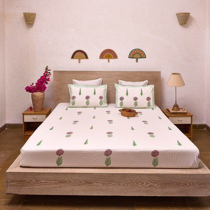 Green and Red Gul Blockprint Double Bedsheet With Pillow Cover-Bedsheets-House of Ekam