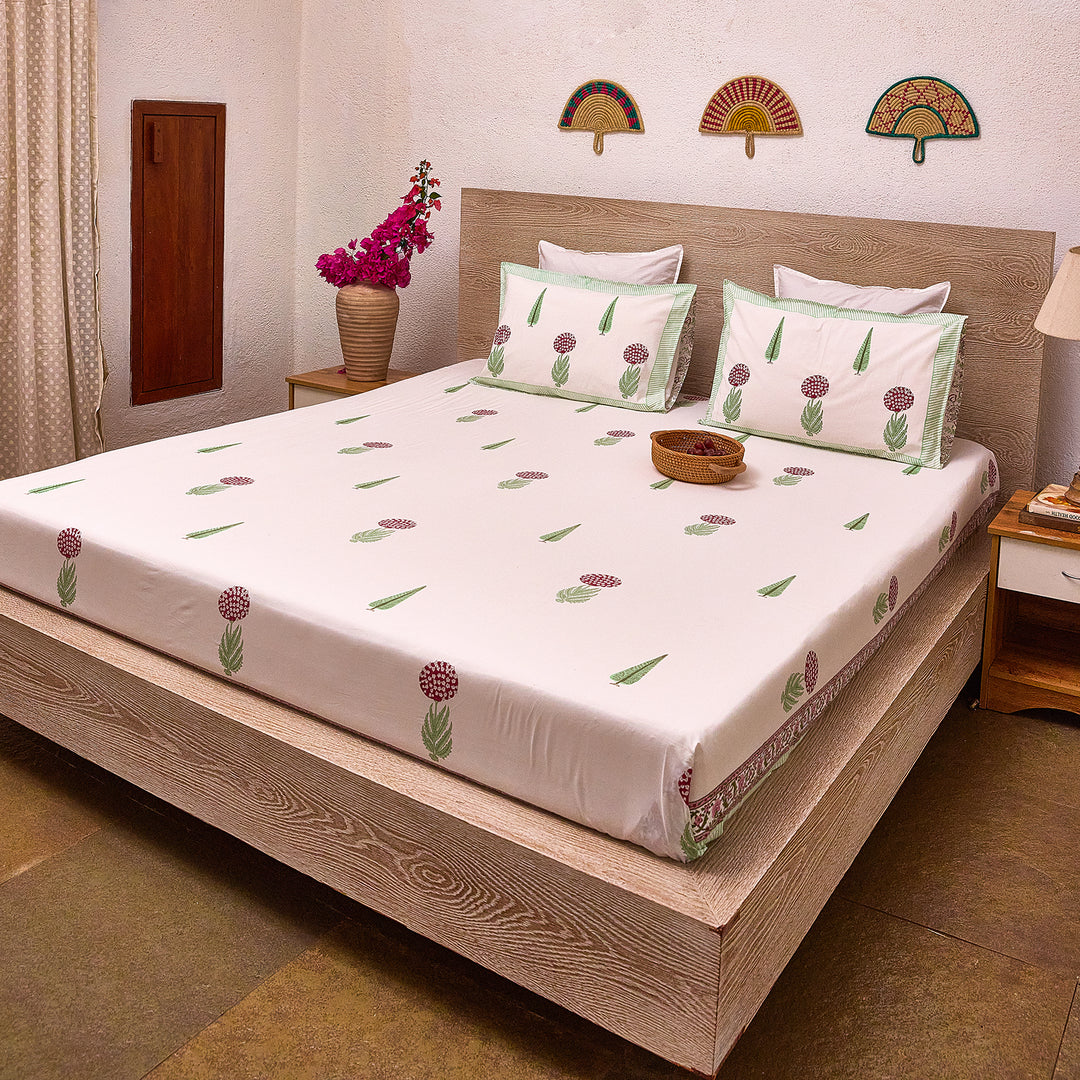 Green and Red Gul Blockprint Double Bedsheet With Pillow Cover-Bedsheets-House of Ekam