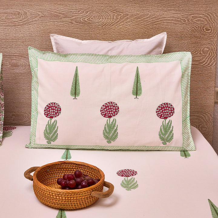 Green and Red Gul Blockprint Double Bedsheet With Pillow Cover-Bedsheets-House of Ekam