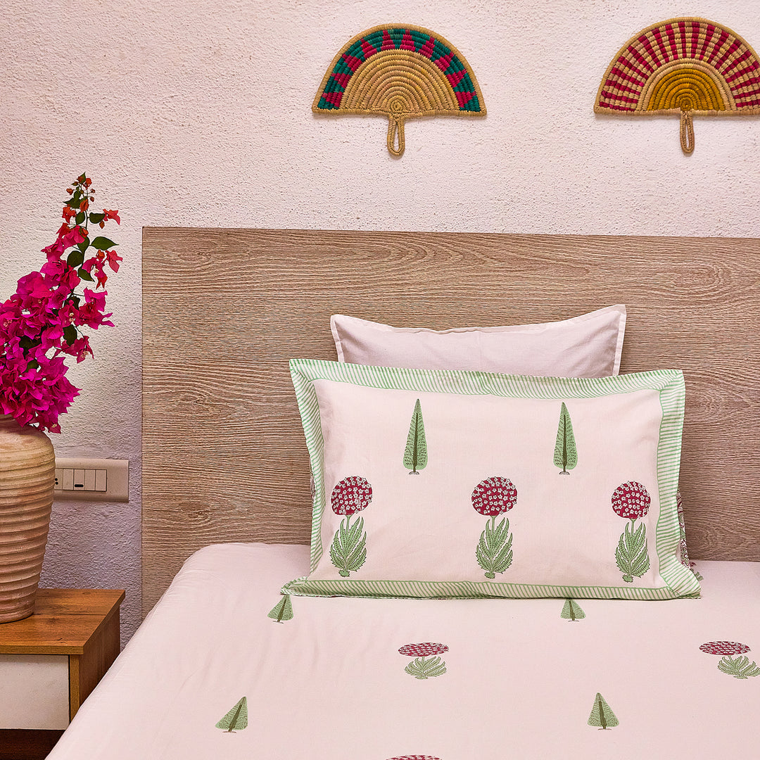 Green and Red Gul Blockprint Double Bedsheet With Pillow Cover-Bedsheets-House of Ekam