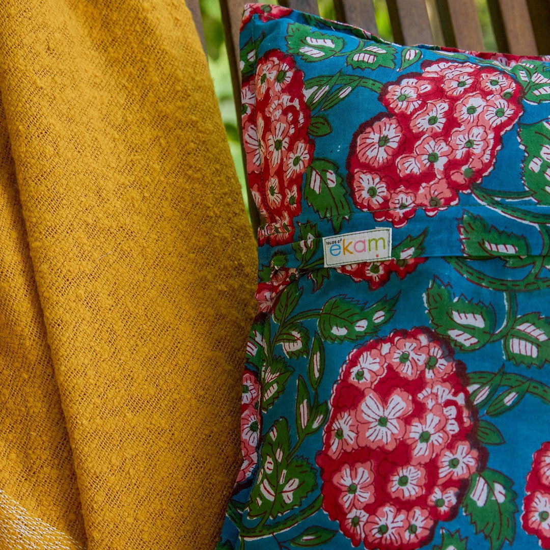 Green and Red Hydrangea Blockprint Cushion Cover-Cushion Covers-House of Ekam