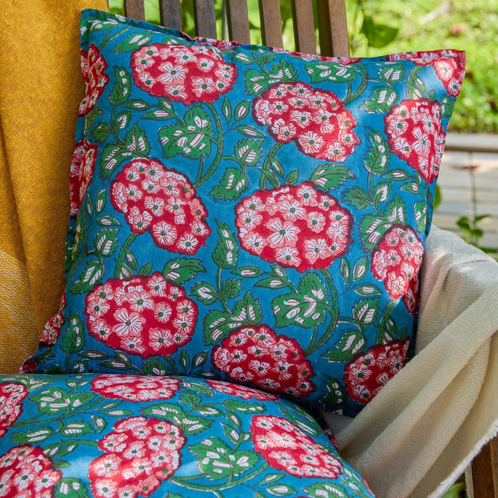 Green and Red Hydrangea Blockprint Cushion Cover-Cushion Covers-House of Ekam
