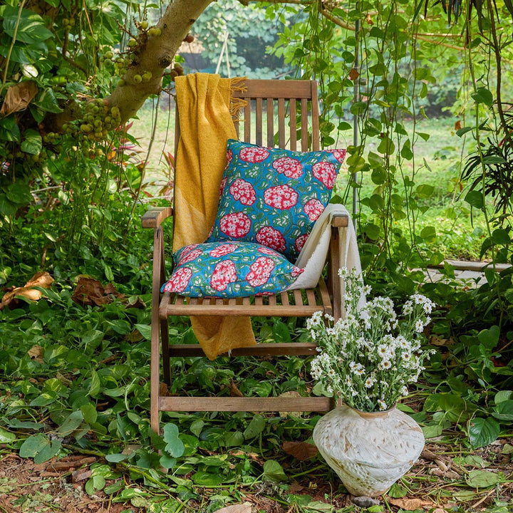 Green and Red Hydrangea Blockprint Cushion Cover-Cushion Covers-House of Ekam