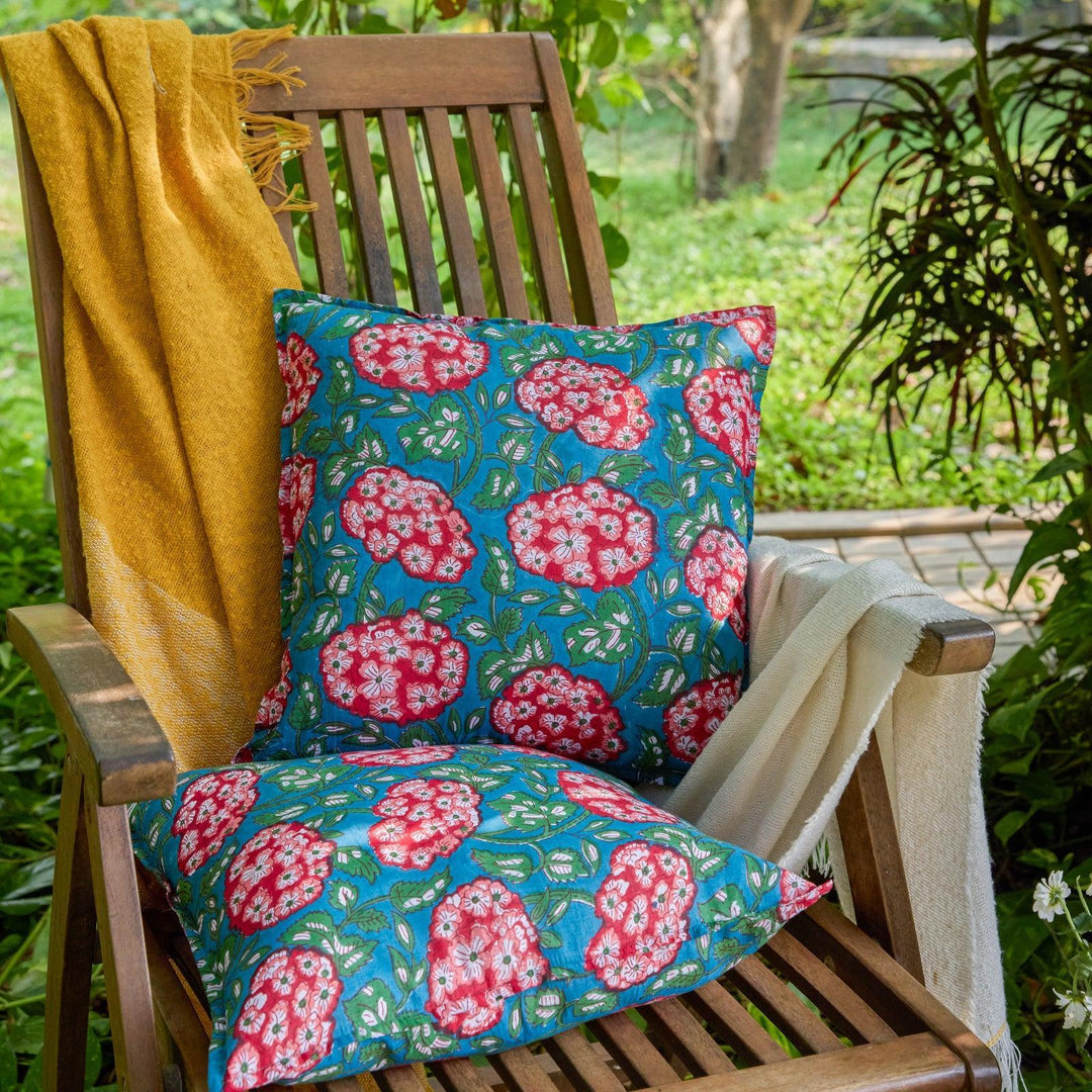 Green and Red Hydrangea Blockprint Cushion Cover-Cushion Covers-House of Ekam