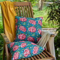 Green and Red Hydrangea Blockprint Cushion Cover-Cushion Covers-House of Ekam
