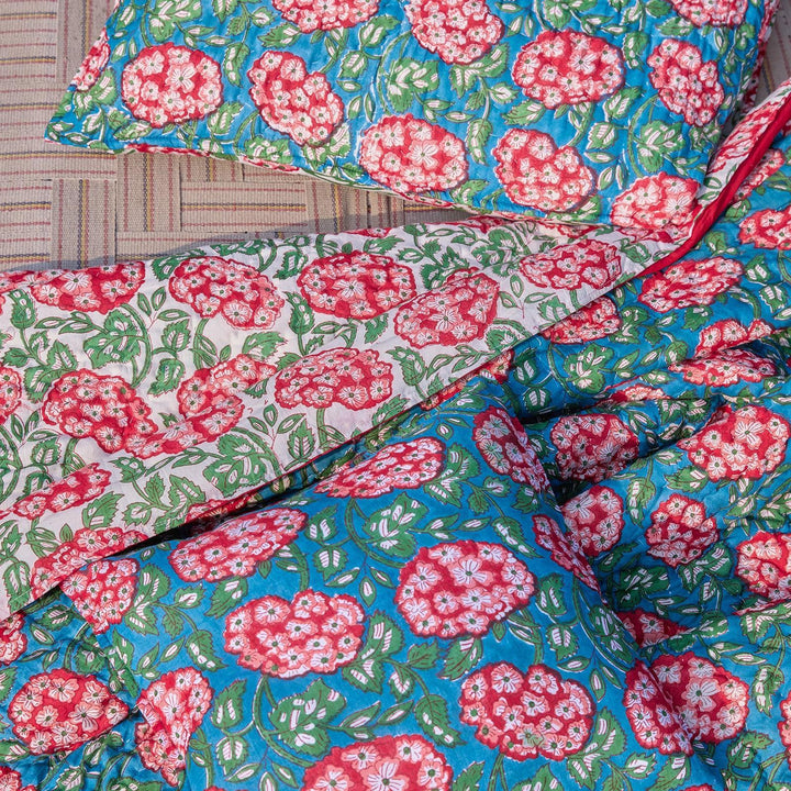 Green and Red Hydrangea Blockprint Double Bed Quilt-Quilt sets-House of Ekam