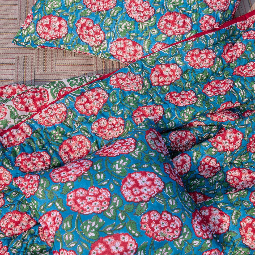 Green and Red Hydrangea Blockprint Double Bed Quilt-Quilt sets-House of Ekam