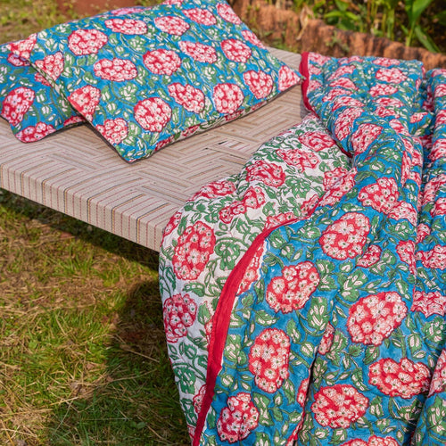 Green and Red Hydrangea Blockprint Double Bed Quilt-Quilt sets-House of Ekam