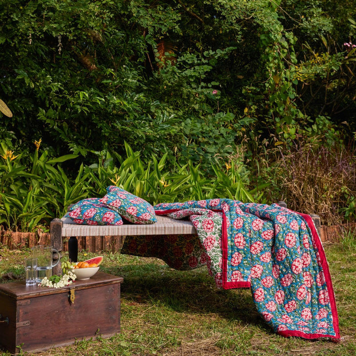 Green and Red Hydrangea Blockprint Double Bed Quilt-Quilt sets-House of Ekam