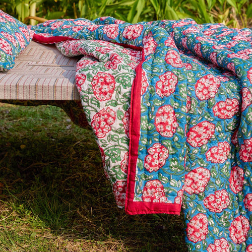 Green and Red Hydrangea Blockprint Double Bed Quilt-Quilt sets-House of Ekam