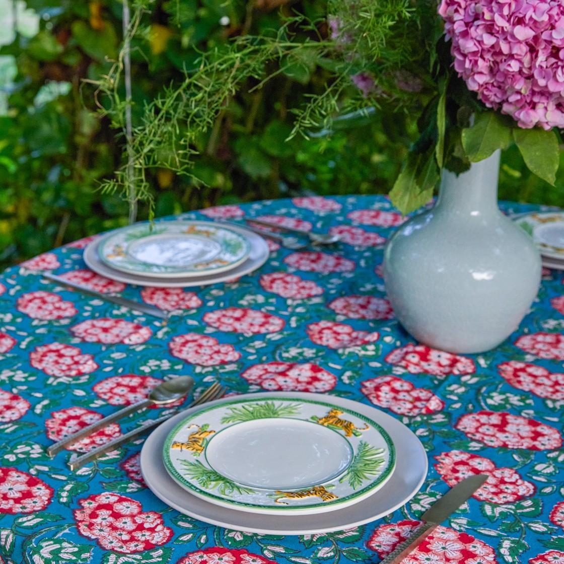 Green and Red Hydrangea Handblockprinted Table Linen-Table Runners-House of Ekam