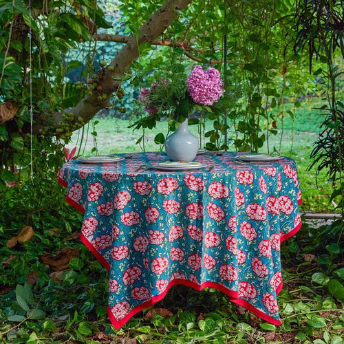 Green and Red Hydrangea Handblockprinted Table Linen-Table Runners-House of Ekam