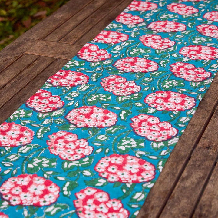 Green and Red Hydrangea Handblockprinted Table Linen-Table Runners-House of Ekam