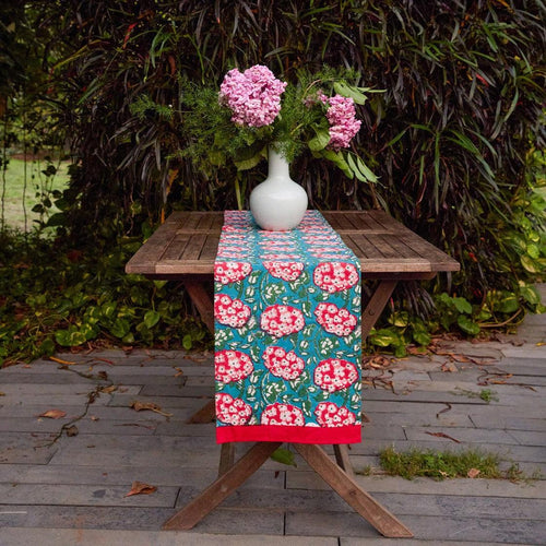 Green and Red Hydrangea Handblockprinted Table Linen-Table Runners-House of Ekam