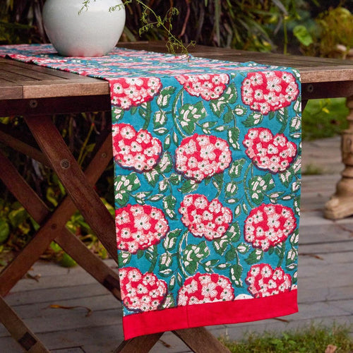 Green and Red Hydrangea Handblockprinted Table Linen-Table Runners-House of Ekam