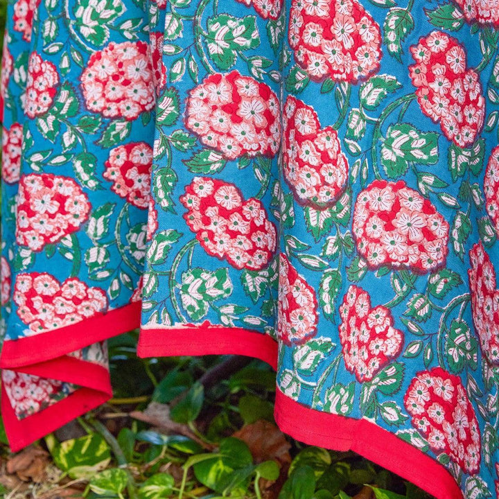 Green and Red Hydrangea Handblockprinted Table Linen-Table Runners-House of Ekam
