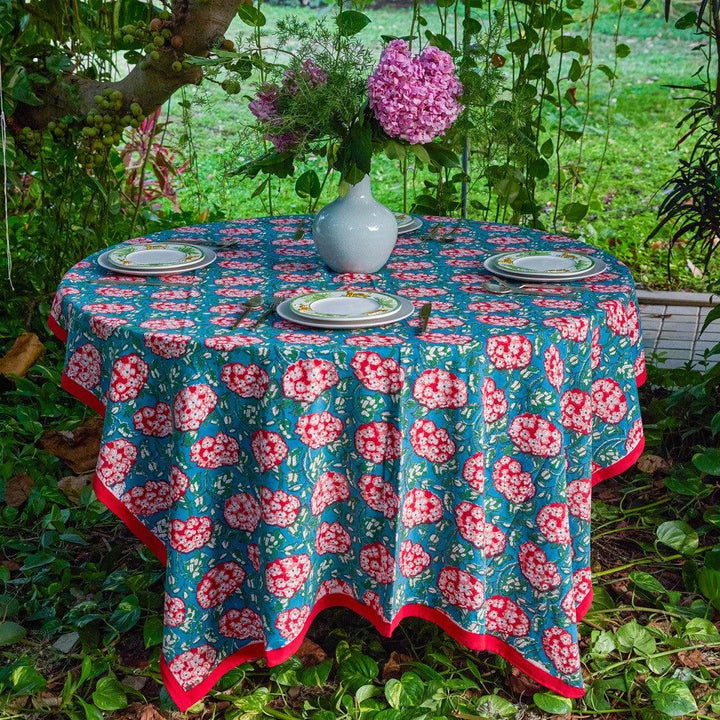 Green and Red Hydrangea Handblockprinted Table Linen-Table Runners-House of Ekam