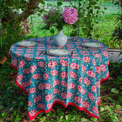 Green and Red Hydrangea Handblockprinted Table Linen-Table Runners-House of Ekam