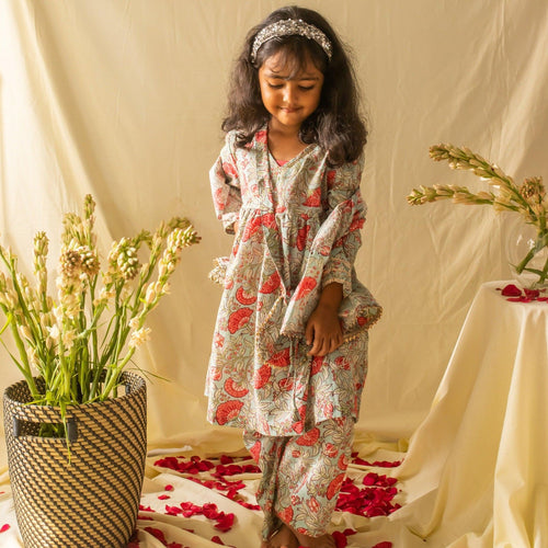 Green and Red Pastel Girl Floral Gota Suit Set with Dupatta and Potli-Kidswear-House of Ekam