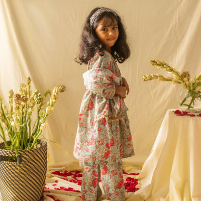 Green and Red Pastel Girl Floral Gota Suit Set with Dupatta and Potli-Kidswear-House of Ekam