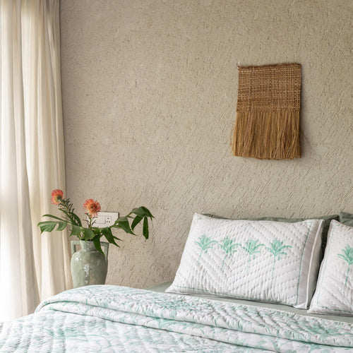 Green and White Tropicasa Quilt with Pillow Cover-Quilt sets-House of Ekam
