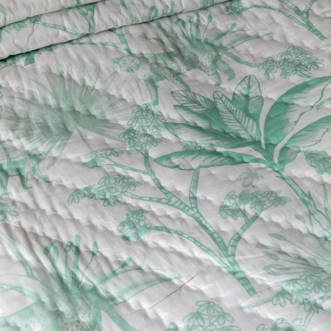 Green and White Tropicasa Quilt with Pillow Cover-Quilt sets-House of Ekam