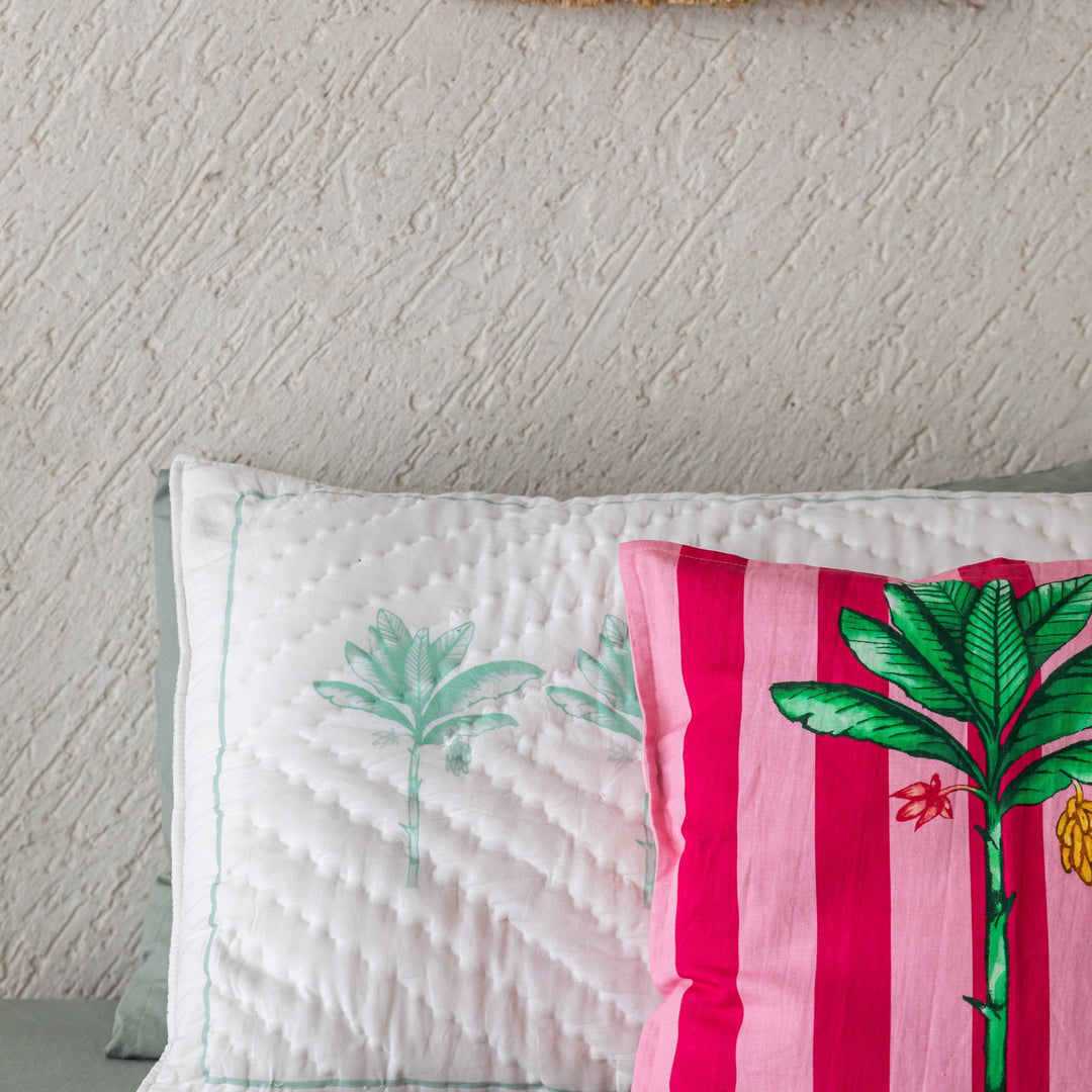 Green and White Tropicasa Quilt with Pillow Cover-Quilt sets-House of Ekam