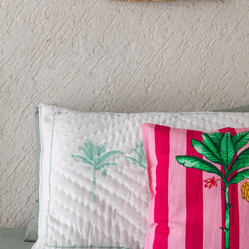 Green and White Tropicasa Quilt with Pillow Cover-Quilt sets-House of Ekam