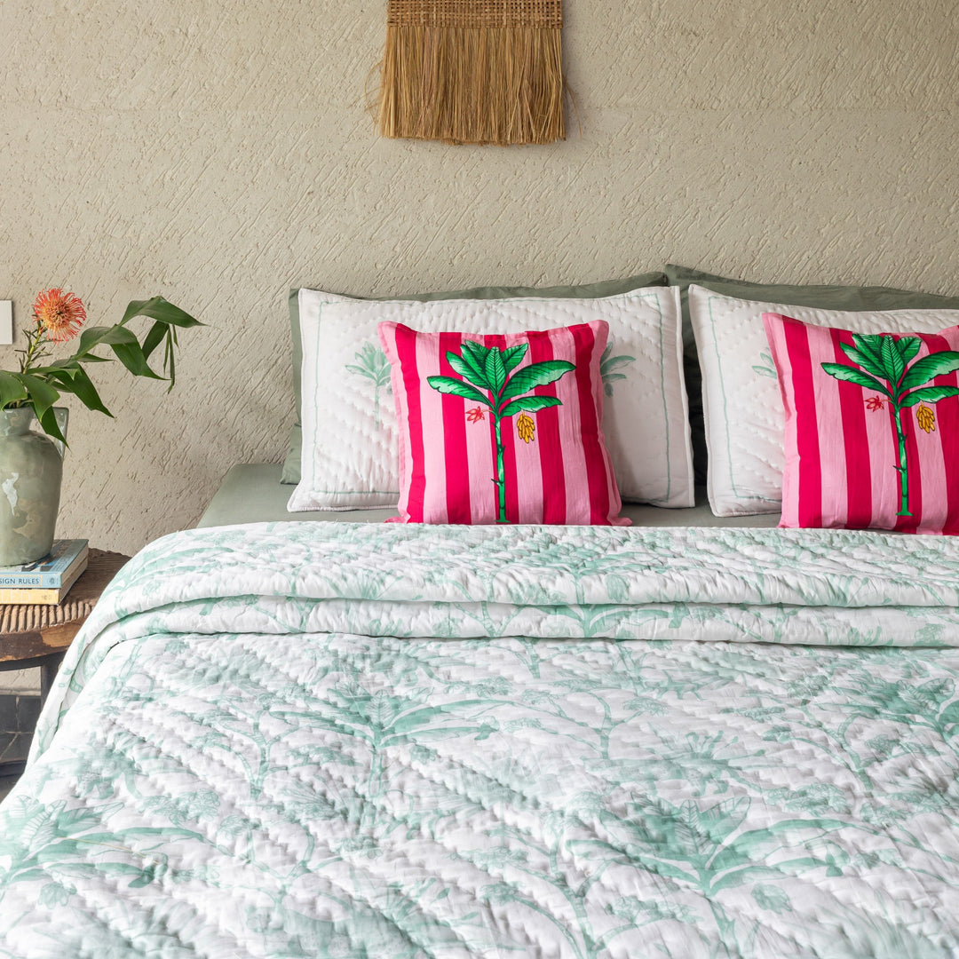 Green and White Tropicasa Quilt with Pillow Cover-Quilt sets-House of Ekam