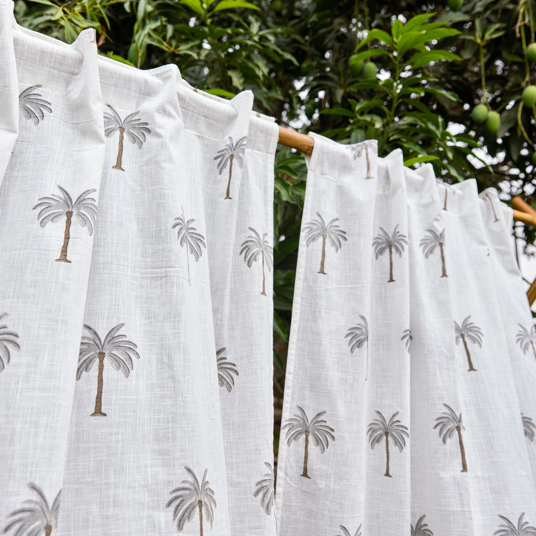 Grey Palm Blockprint Cotton Slub Curtain-Curtains-House of Ekam