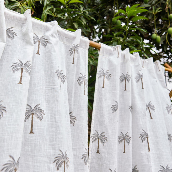 Grey Palm Blockprint Cotton Slub Curtain-Curtains-House of Ekam