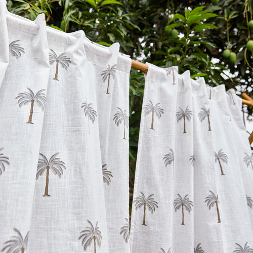 Grey Palm Blockprint Cotton Slub Curtain-Curtains-House of Ekam