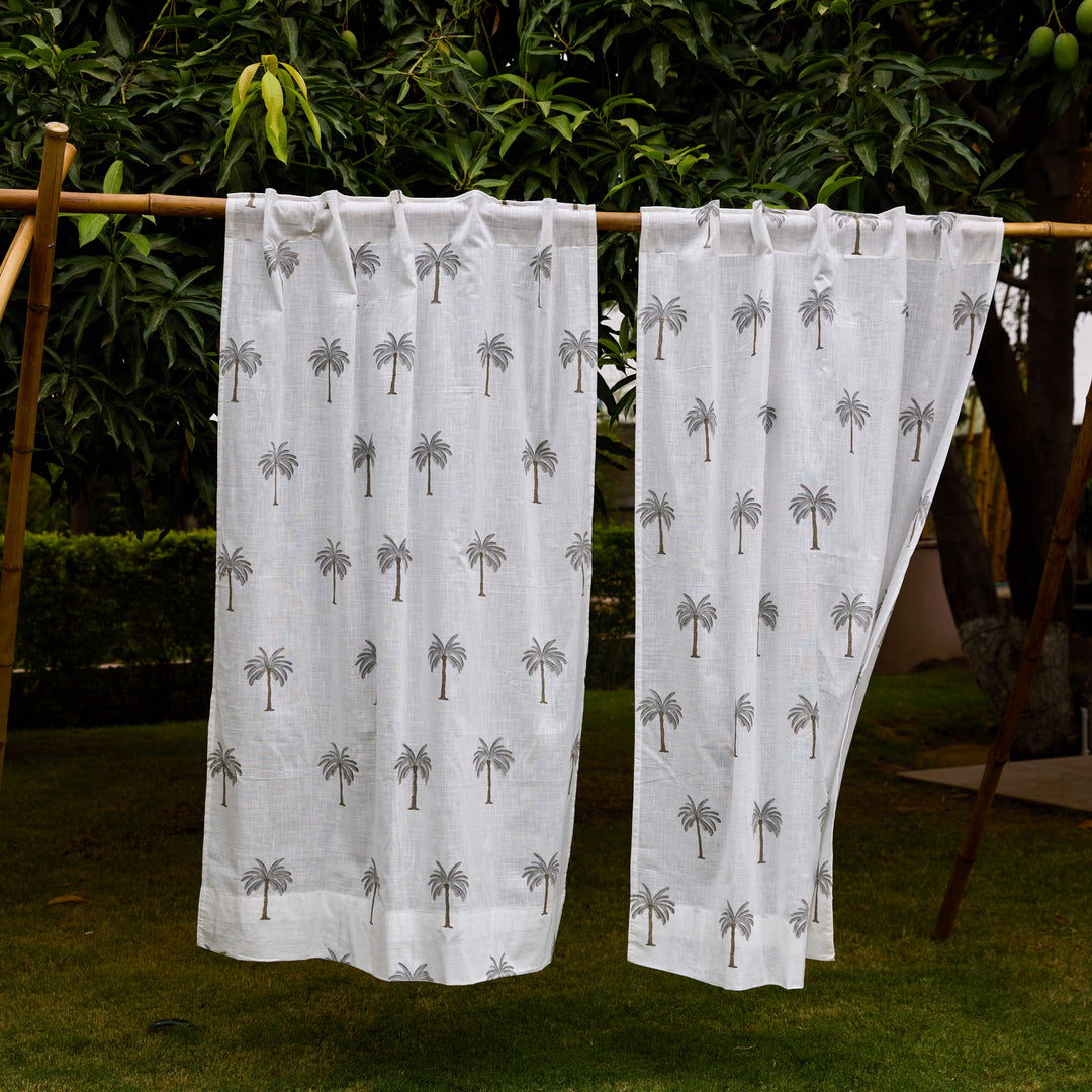 Grey Palm Blockprint Cotton Slub Curtain-Curtains-House of Ekam