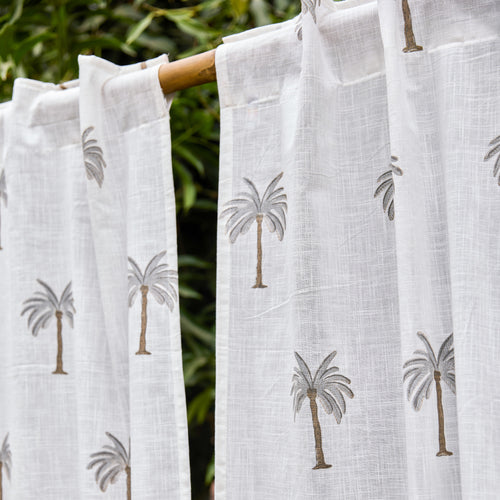 Grey Palm Blockprint Cotton Slub Curtain-Curtains-House of Ekam