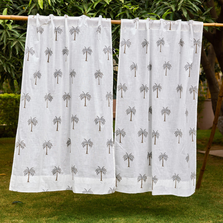 Grey Palm Blockprint Cotton Slub Curtain-Curtains-House of Ekam