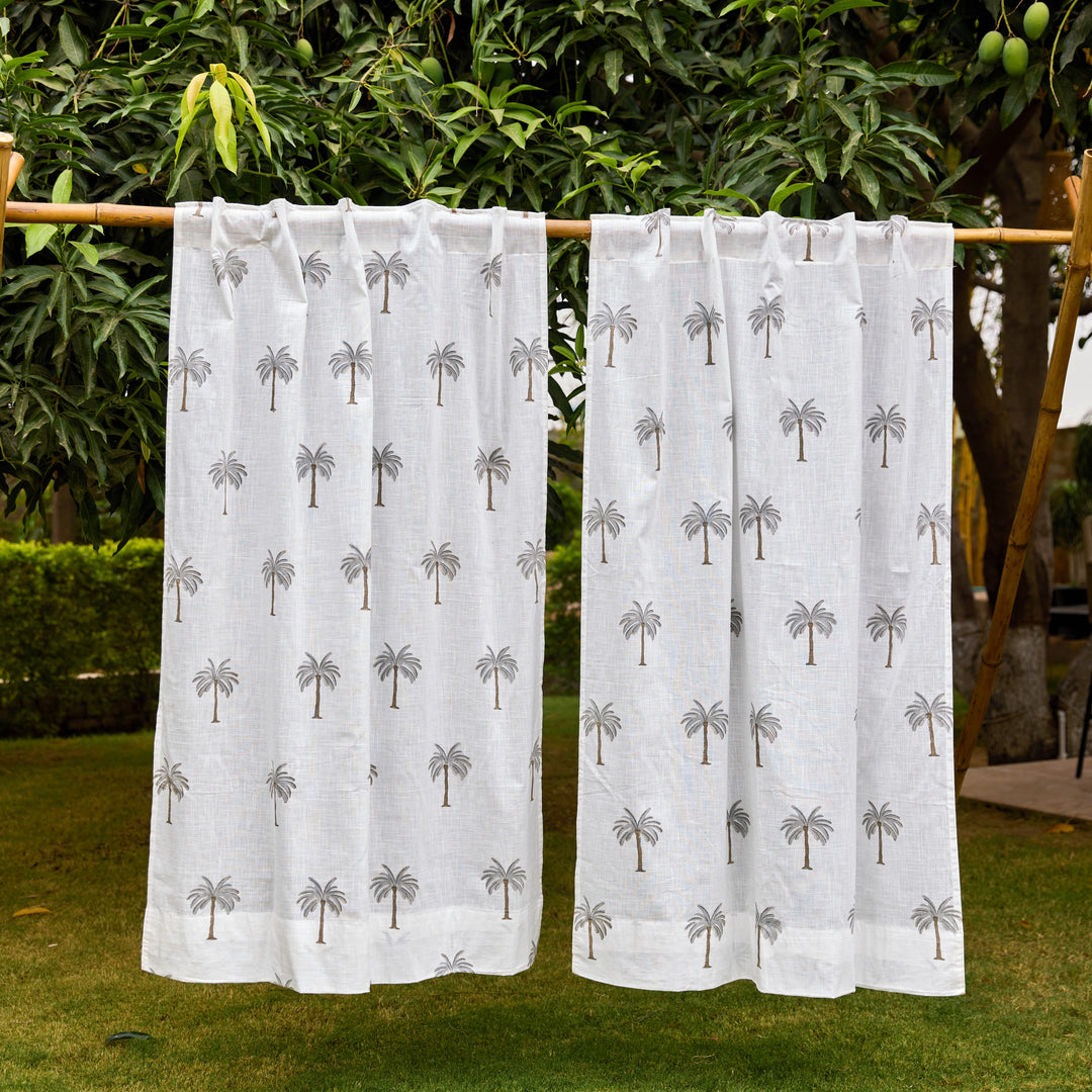 Grey Palm Blockprint Cotton Slub Curtain-Curtains-House of Ekam