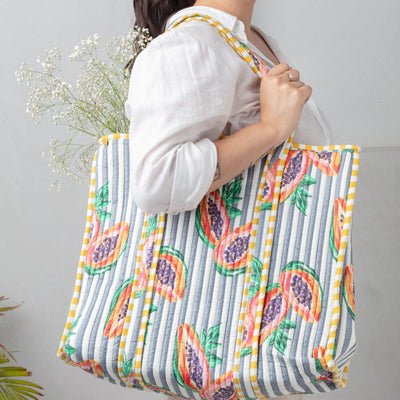 Grey Papaya Stripes Screenprinted Tote Bag-Tote Bag-House of Ekam