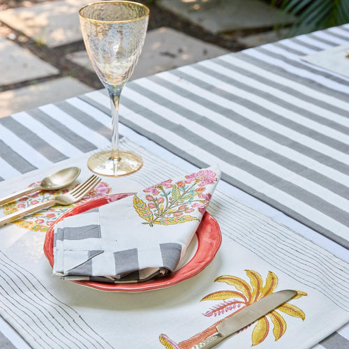 Grey Stripe Table Linen Set with Embroidered Napkins-Table Runners-House of Ekam