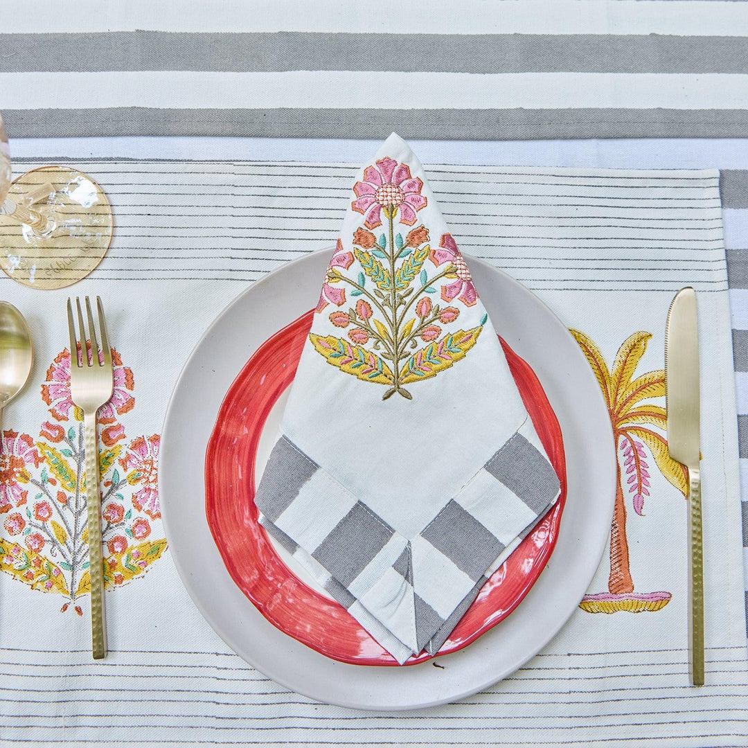 Grey Stripe Table Linen Set with Embroidered Napkins-Table Runners-House of Ekam