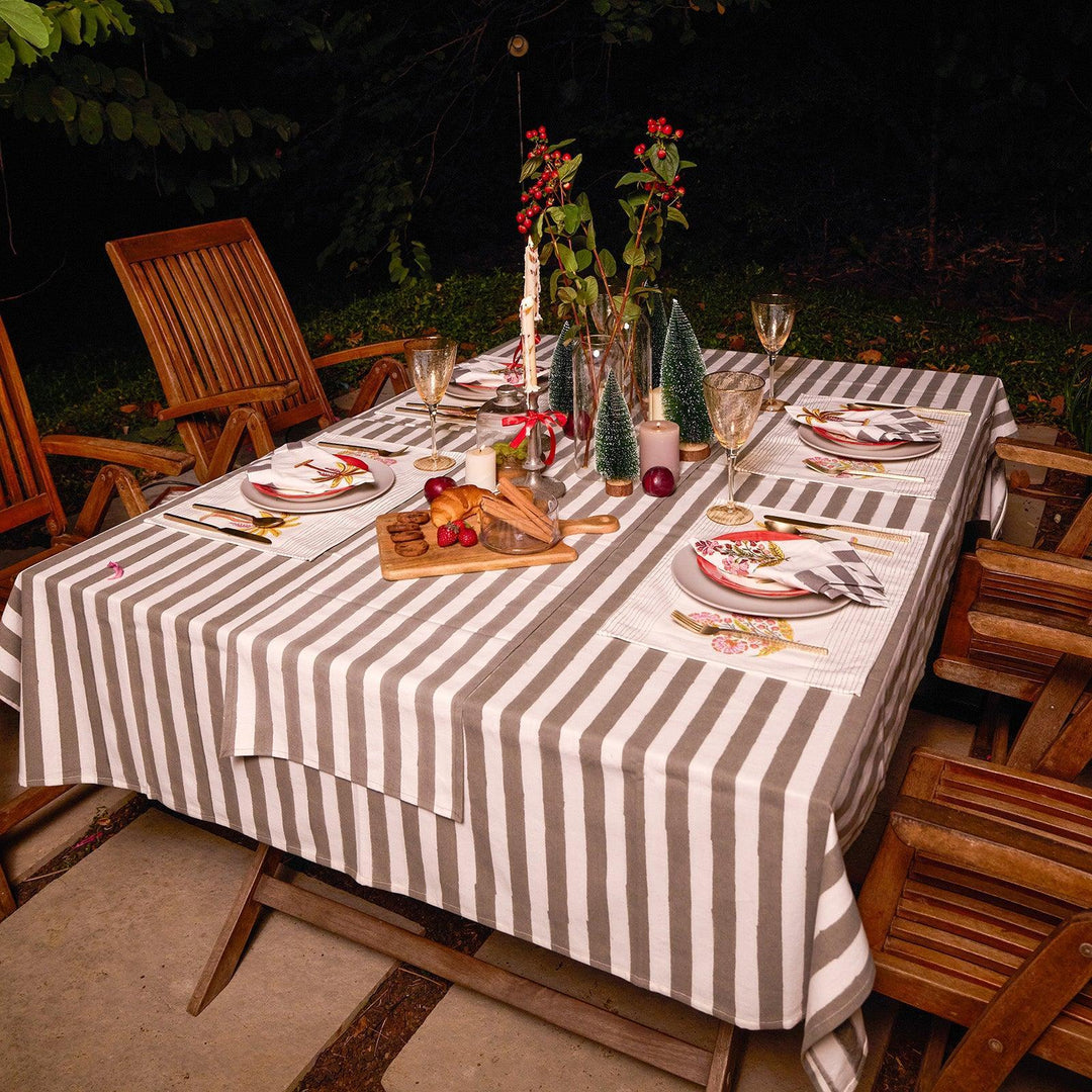 Grey Stripe Table Linen Set with Embroidered Napkins-Table Runners-House of Ekam