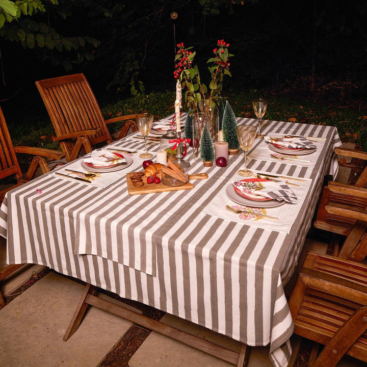 Grey Stripe Table Linen Set with Embroidered Napkins-Table Runners-House of Ekam