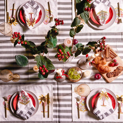 Grey Stripe Table Linen Set with Embroidered Napkins-Table Runners-House of Ekam