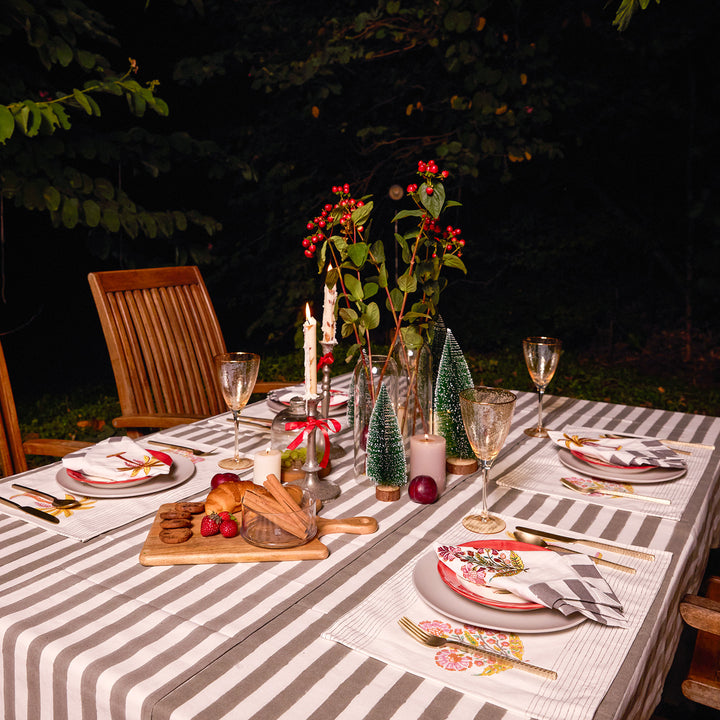 Grey Stripe Table Linen Set with Embroidered Napkins-Table Runners-House of Ekam