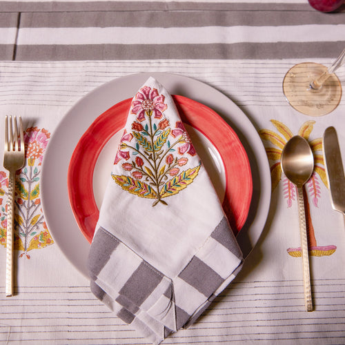 Grey Stripe Table Linen Set with Embroidered Napkins-Table Runners-House of Ekam